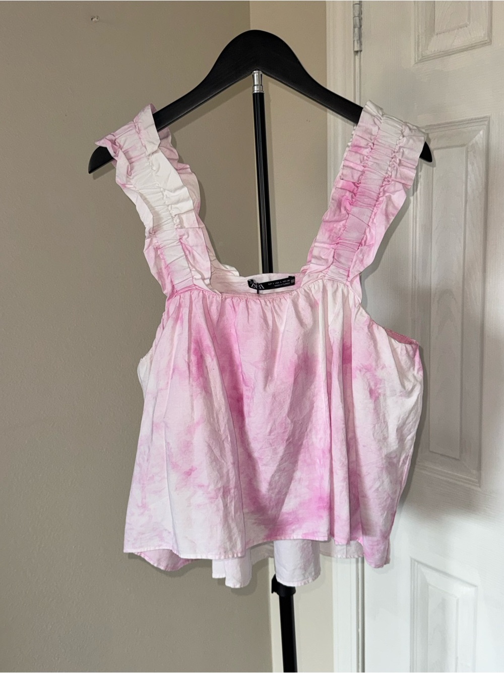 Zara Pink and White Ruffled Tie-Dye Tank Top
